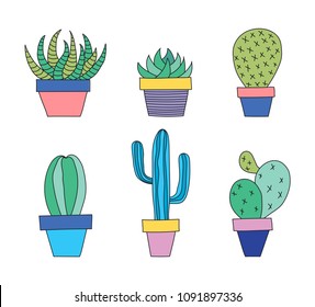 Hand drawn set of succulent and cactus plants in a pot. Vector illustration.