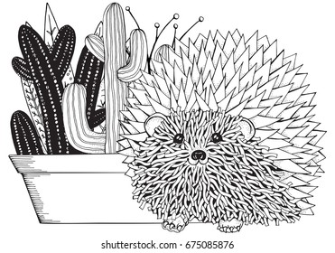 Hand drawn set of succulents or cactI in pots and prickly hedgehog.  Doodles elements. Black and white. Coloring book page for adult. Summer, succulent, doodles, art design elements. Linear vector.