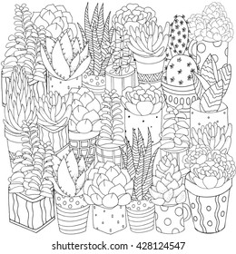 Hand Drawn Set Of Succulents, Cactuses And Pots.  Doodles Elements. Black And White. Coloring Book Page For Adult. Summer, Succulent, Doodles, Vector, Art Design Elements. Linear Botanical Vector.