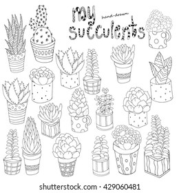Hand drawn set of succulents, cactuses and pots.  Doodles elements. Black and white. Coloring book page for adult. Summer, succulent, doodles, vector, art design elements. Linear botanical vector.
