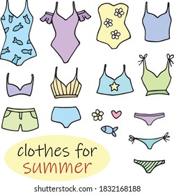 Hand drawn set of summer clothes. Vector illustration.