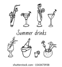 Hand drawn set of summer cool drinks. Different cocktails. Sketches in a black ink on a white background. Vector illustration.