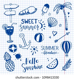 Hand drawn set of summer doodle elements: umbrella, ball, shell, pineapple, anchor, ice-cream, sun, coctail. Cartoon style vector illustration for icon, party banner, summer labels design. 