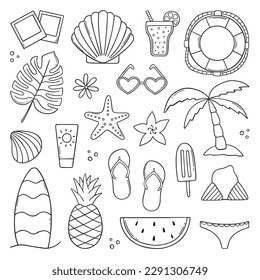Hand drawn set of summer doodle.  Summer beach elements in sketch style.  Vector illustration isolated on white background.