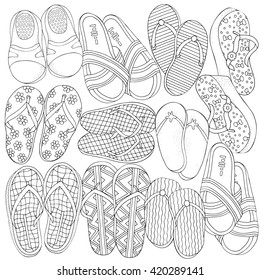 Hand drawn set of summer doodles elements. Black and white. Coloring book page for adult and children. Summer, beach shoes, step-ins, doodles, vector, art design elements.