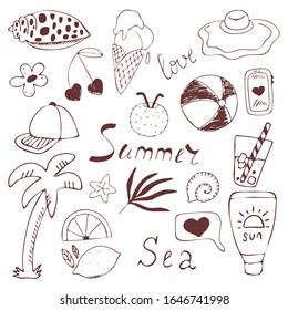 Hand drawn set of summer elements. Vector illustration for decorative design. White background isolated.