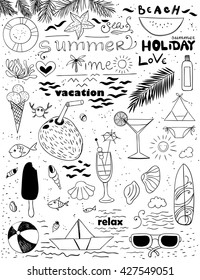 Hand  drawn set of summer holiday related objects. Elements for design.
