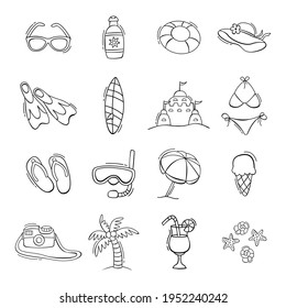 Handgezeichnete Sommersymbole im Doodle-Stil. Vektorgrafik einzeln auf weißem Hintergrund.