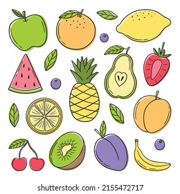 Handgezeichneter Satz tropischer Früchte im Sommer Doodle.  Vegetarisches Essen im Skizzenstil.  Vektorgrafik einzeln auf weißem Hintergrund.