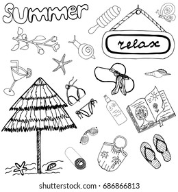 Hand Drawn Set Summer Vacation. Drawing Travel and Beach Relax. Handwritten Text with Sketch Icons. 