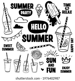 Hand drawn set of summer vectors in doodle style