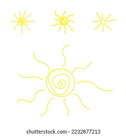 Conjunto dibujado a mano del icono del sol. Colección de sol aislada sobre fondo blanco. Símbolo de verano vector de moda para el diseño de sitios web, botón web, aplicación móvil. ilustración vectorial doodle suns.