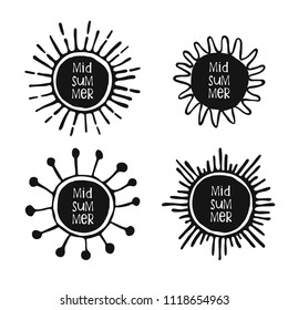 Hand drawn set of sun with lettering MidSummer. Sweden summer holiday design element.