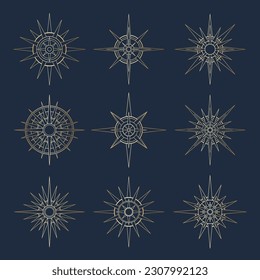 Hand drawn set of Sun and stars. Magic bohemian symbol bursting sun rays. Mystical celestial circle talisman, antique style, boho, tattoo, logo. Vector sketch illustration isolated on blue background