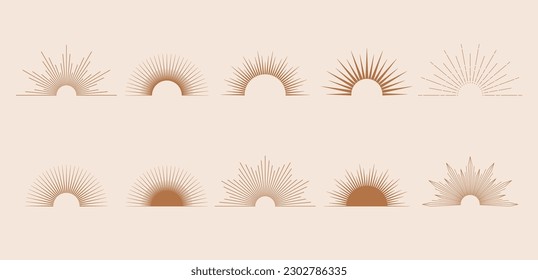 Hand drawn set of Sun, sunburst, light rays in line art. Bohemian symbol bursting sun rays. Magic talisman, antique style, boho, tattoo, logo. Vector illustration isolated on beige background.