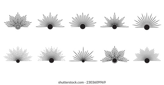 Juego de Sol dibujado a mano, arrebato de sol, rayos de luz en el arte de la línea. Símbolo bohemio reventando los rayos solares. Talisman mágico, estilo antiguo, boho, tatuajes, logo. Ilustración vectorial aislada en fondo blanco.