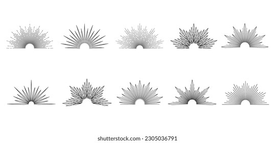 Hand drawn set of Sun, sunburst, light rays in line art. Bohemian symbol bursting sun rays. Magic talisman, antique style, boho, tattoo, logo. Vector illustration isolated on white background.