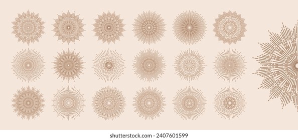 Hand drawn set of Sun, sunburst, light rays in line art. Bohemian symbol bursting sun rays. Magic talisman, antique style, boho, tattoo, logo. Vector illustration isolated on beige background