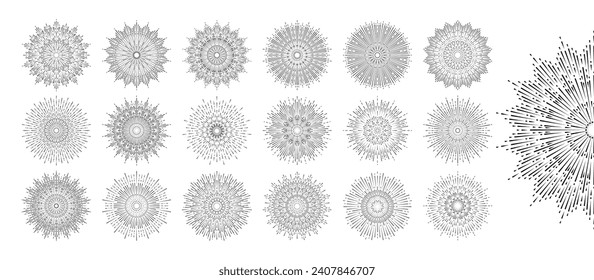 Hand drawn set of Sun, sunburst, light rays in line art. Bohemian symbol bursting sun rays. Magic talisman, antique style, boho, tattoo, logo. Vector illustration isolated on white background