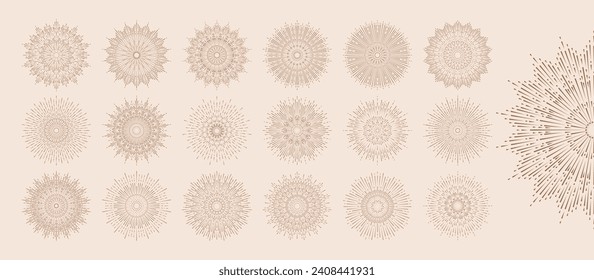 Hand drawn set of Sun, sunburst, light rays in line art. Bohemian symbol bursting sun rays. Magic talisman, antique style, boho, tattoo, logo. Vector illustration isolated on beige background