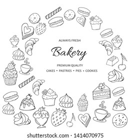 Hand drawn set of sweet bakery on white background. Dessert, ice cream, macaron and pudding, donut, muffin and cupcake. Vector illustration.