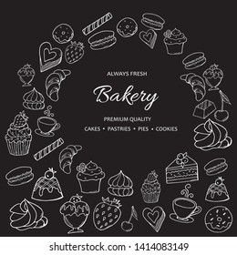 Hand drawn set of sweet bakery on chalkboard. Dessert, ice cream, macaron and pudding, donut, muffin and cupcake. Vector illustration.