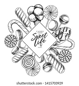 Hand drawn set of sweet candies. Twisted caramel lollipops, candy cane, macarons, donut. Vector food label template. Use for restaurant, menu, party decorating, flyer, banner. Sugar Halloween dessert