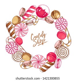 Hand drawn set of sweet candies. Twisted caramel lollipops, candy cane, macarons, donut. Vector food label template. Use for restaurant, menu, party decorating, flyer, banner. Sugar Halloween dessert