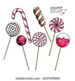 Hand drawn set of sweet candies. Twisted caramel lollipops. Vector food icons. Use for restaurant, menu, party decorating, flyer, banner. Sugar Halloween, Christmas dessert