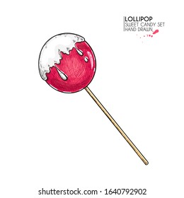 Hand drawn set of sweet candies. Twisted caramel lollipops. Vector food icons. Use for restaurant, menu, party decorating, flyer, banner. Sugar Halloween, Christmas dessert