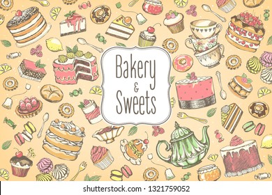 Hand drawn set of sweet food ingredient. Big collection pastries and tea accessories. Vintage posters with freehand drawing, sketch