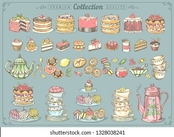 Hand drawn set of sweet food ingredient. Big collection pastries and tea accessories. Vintage posters with freehand drawing, sketch