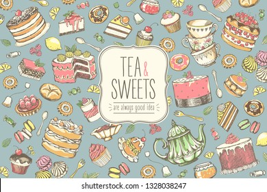 Hand drawn set of sweet food ingredient. Big collection pastries and tea accessories. Vintage posters with freehand drawing, sketch