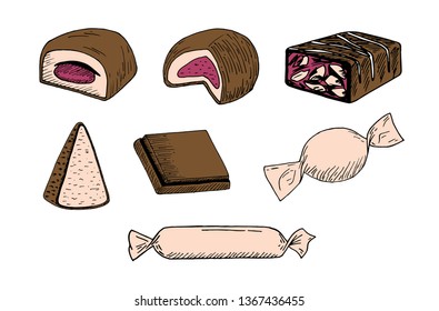 Hand drawn set of sweet food ingredient. Big collection pastries and tea accessories. freehand drawing, Vector illustration. Doodles. bakery products. candies, elements, design, snack, chocolate, 