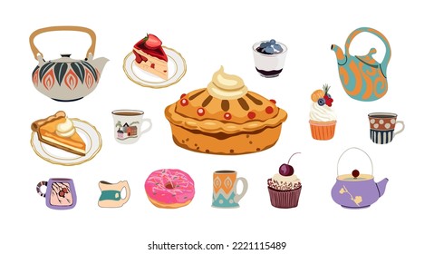 Hand drawn set of sweet food, tea, coffee and desserts. Big collection pastries, accessories and ceramic crockery. Freehand drawing vector illustrations isolated on white background.