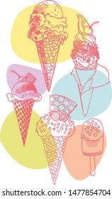 Hand drawn set of sweet items, different ice cream. Sketched vector objects. Isolated vector background.
