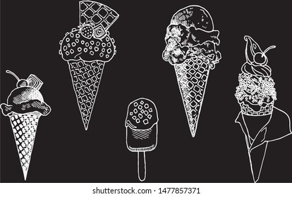 Hand drawn set of sweet items, different ice cream. Sketched vector objects on a black background. Isolated vector background.