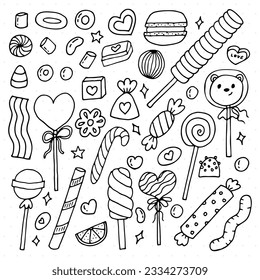 Conjunto de dulces y caramelos dibujados a mano. Postres, chocolate, macarrones, malvavisco. Estilo Doodle. Buena comida. Ilustración del vector