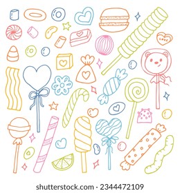 Hand drawn set of sweets and candies. Desserts, chocolate, macaroons, marshmallow. Doodle style. Sweet food. Vector illustration