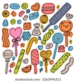 Conjunto de dulces y caramelos dibujados a mano. Postres, chocolate, macarrones, malvavisco. Estilo Doodle. Buena comida. Ilustración del vector
