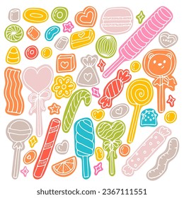 Hand drawn set of sweets and candies. Desserts, chocolate, macaroons, marshmallow. Doodle style. Sweet food. Vector illustration