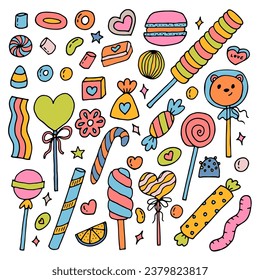 Conjunto de dulces y caramelos dibujados a mano. Postres, chocolate, macarrones, malvavisco. Estilo Doodle. Buena comida. Ilustración del vector