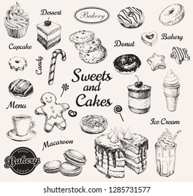 Hand Drawn Set Sweets Dessert Coffee Vector illustration
