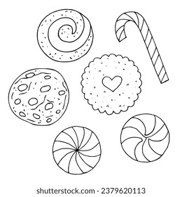 Hand drawn set of sweets, lollipops, cookies. Vector illustration in engraving style.