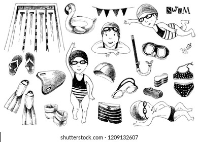 Hand drawn set for swimming school with children and pool accessories. Vector illustration