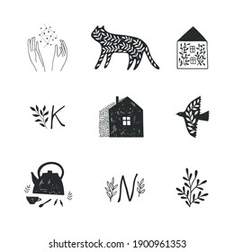 Hand drawn set of symbols and illustrations.