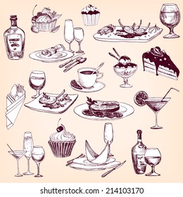 hand drawn set of tableware, , food and drinks, restaurant objects,  vector design elements of table appointments