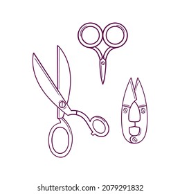 Hand drawn set of tailor scissors isolated on white background