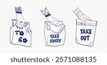 Hand drawn set of a take away bag. Doodle paper package, carton food packaging sketch, fast food to go concept. Vector isolated collection.