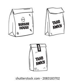 Hand drawn set of a take away bag. Vector illustration Burger house and take away. Doodle takeaway box.